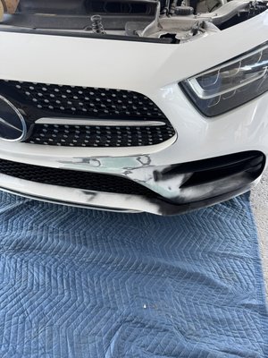 Mb bumper repair fixed gauges and some cracks on bumper . - This job was done on a 2020 mb c- class previous shop. Wanted to replace the Bumper.. We were able to repair and repaint. Fir 1/3 of the price.
