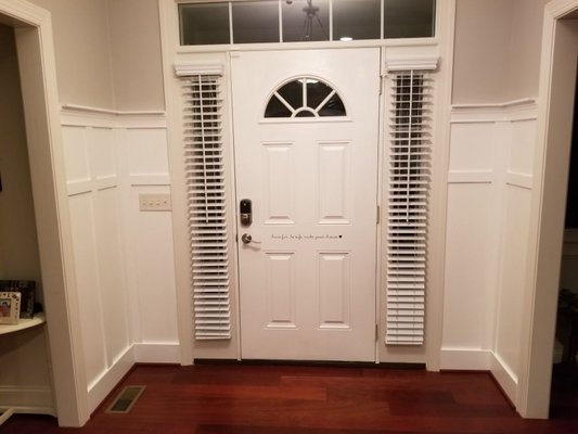Entryway Remodel - This entryway lacked privacy and lacked character.  The home owner wanted to change both and with some board and batton, decorative trim, and custom blinds we were able to accomplish exactly what the owner was looking for.