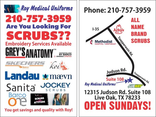 Roy Medical Uniforms - "Authorized Dealer for most brand names scrubs, Littmann Streetscape, Medical shoes, We carry koi Happiness, Landau, Urbane, Greys Anatomy, Skechers, maevn, Jockey, Barco One, Sanita shoe, Fleece Jackets, Polo shirts, Embroidery Services available, Open Sundays! you get saving and quality with Roy medical uniforms!" Roy Medical Uniforms - "Authorized Dealer for most brand names scrubs, Littmann Streetscape, Medical shoes, We carry koi Happiness, Landau, Urbane, Greys Anatomy, Skechers, maevn, Jockey, Barco One, Sanita shoe, Fleece Jackets, Polo shirts, Embroidery Services available, Open Sundays! you get saving and quality with Roy medical uniforms!"