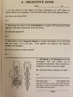 Zone slip - After a zone balance you get your zone slip to fill out at home before you go to bed.  Come get your zones balanced and start balancing out your mind and body toward a healthier, happier life!