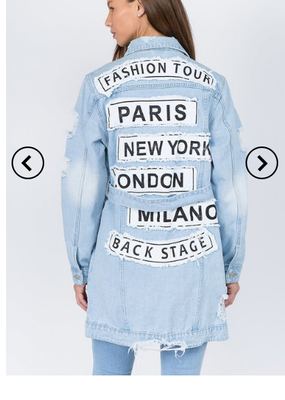 Terry Jean Collections - Long bluejean jacket with saying on back with belt Terry Jean Collections - Long bluejean jacket with saying on back with belt