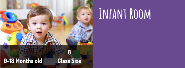 Infant Room - Our nursery provides a nurturing environment to care for your baby. Our
teachers listen and communicate with parents to ensure both the child’s
and parent’s needs are met. We are attentive to your baby as important
milestones are reached, such as learning to roll over, crawl, walk, smile,
babble, and wave hello! teachers use the Teaching Strategies curriculum
to ensure your child is learning through educational concepts, social
interactions, play, and new experiences. The Teaching Strategies
authentic assessment tools guide teachers in documenting observations,
ensuring all children are meeting developmentally appropriate
milestones and introducing new activities for learning.
Daily Schedule:
The infant classroom provides many opportunities for stimulating and
nurturing young infants’ minds, but also allows each child an opportunity
to rest and recharge. Young infants determine their own schedules- there
is no such thing as a “typical day” in an infant classroom! As your baby
matures, we guide each child towards a more structured and organized
schedule to provide consistent feeding and rest times.
• Social/Emotional
• Gross Motor
• Music & Movement
• Story Time
• Fine Motor
• Sensory Activities
• Outdoor Play
• Baby Sign Language Infant Room - Our nursery provides a nurturing environment to care for your baby. Our
teachers listen and communicate with parents to ensure both the child’s
and parent’s needs are met. We are attentive to your baby as important
milestones are reached, such as learning to roll over, crawl, walk, smile,
babble, and wave hello! teachers use the Teaching Strategies curriculum
to ensure your child is learning through educational concepts, social
interactions, play, and new experiences. The Teaching Strategies
authentic assessment tools guide teachers in documenting observations,
ensuring all children are meeting developmentally appropriate
milestones and introducing new activities for learning.
Daily Schedule:
The infant classroom provides many opportunities for stimulating and
nurturing young infants’ minds, but also allows each child an opportunity
to rest and recharge. Young infants determine their own schedules- there
is no such thing as a “typical day” in an infant classroom! As your baby
matures, we guide each child towards a more structured and organized
schedule to provide consistent feeding and rest times.
• Social/Emotional
• Gross Motor
• Music & Movement
• Story Time
• Fine Motor
• Sensory Activities
• Outdoor Play
• Baby Sign Language