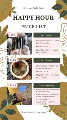 🤩Monday- Wednesday Flash Sale🤩 - - Happy Hour Specials - Every Monday to Wednesday
* Save up to 38% OFF during Happy Hour!
* Discounted Prices by Day:
Monday: 60 mins - $79
Tuesday: 75 mins - $119
Wednesday: 90 mins - $139 🤩Monday- Wednesday Flash Sale🤩 - - Happy Hour Specials - Every Monday to Wednesday
* Save up to 38% OFF during Happy Hour!
* Discounted Prices by Day:
Monday: 60 mins - $79
Tuesday: 75 mins - $119
Wednesday: 90 mins - $139
