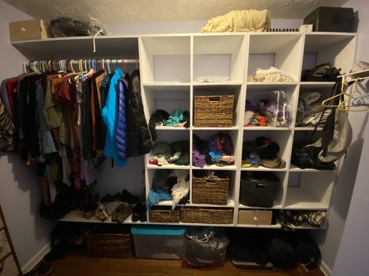 Closet Remodel - The customer desired to bring order to the chaos in this small master closet. We designed and custom built a system that allows them to now use the space in a more efficient way.