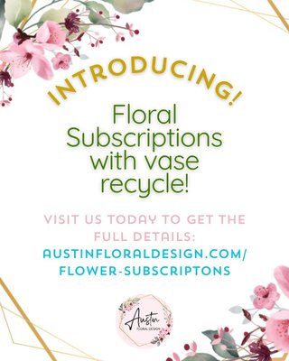 Flower Subscription with Vase Recycle - Austin Floral Design is thrilled to introduce our new Flower Subscription Service with a twist – Vase Recycling!
Say goodbye to clutter and hello to a fresh, eco-friendly way to enjoy blooms weekly, biweekly or monthly!

Tells us your vibe, budget, preferred delivery frequency and let us handle the rest!
At delivery, we'll collect the previous vase for reuse allowing us to provide larger, more unique arrangements at a great price!
Ready to treat yourself (or someone special)? Visit austinfloraldesign.com/flower-subscriptions to subscribe today!