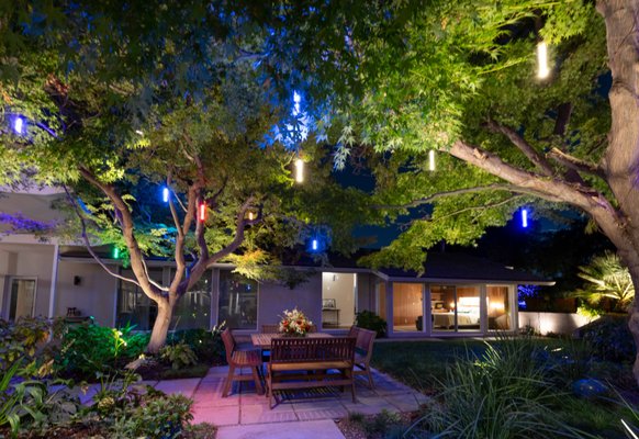 Wilhaggin Carter Sparks Midcentury Modern - We were tasked with updating the dysfunctional lighting on this amazing remodeled Carter Sparks home in the Wilhaggin area. Glass pendants with optional RGB color add a splash of whimsy to go with the uplighting of these amazing specimen Japanese maples holding court in this patio. Panorama windows provide views from the interior, as well as reflections in the exterior, making the space feel even larger than it is. Wilhaggin Carter Sparks Midcentury Modern - We were tasked with updating the dysfunctional lighting on this amazing remodeled Carter Sparks home in the Wilhaggin area. Glass pendants with optional RGB color add a splash of whimsy to go with the uplighting of these amazing specimen Japanese maples holding court in this patio. Panorama windows provide views from the interior, as well as reflections in the exterior, making the space feel even larger than it is.
