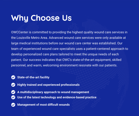 Why Choose Us? - OWCCenter is committed to providing the highest quality wound care services in the Louisville Metro Area. Advanced wound care services were only available at large medical institutions before our wound care center was established. Our team of experienced wound care specialists uses a patient-centered approach to develop personalized care plans tailored to meet the unique needs of each patient. Our success indicates that OWC’s state-of-the-art equipment, skilled personnel, and warm, welcoming environment resonate with our patients.
✅ State-of-the-art facility
✅ Highly trained and experienced professionals
✅ A multidisciplinary approach to wound management
✅ Use of the latest technology and evidence-based practice
✅ Management of most difficult wounds
📢 BOOK NOW! https://app.elationemr.com/book/510218635902980
.
.
.
📞 Contact Now: (502) 290-1109
📧 info@owccenter.com
🏠 Address: 9115 Leesgate Road, Suite B, Louisville, KY 40222 Why Choose Us? - OWCCenter is committed to providing the highest quality wound care services in the Louisville Metro Area. Advanced wound care services were only available at large medical institutions before our wound care center was established. Our team of experienced wound care specialists uses a patient-centered approach to develop personalized care plans tailored to meet the unique needs of each patient. Our success indicates that OWC’s state-of-the-art equipment, skilled personnel, and warm, welcoming environment resonate with our patients.
✅ State-of-the-art facility
✅ Highly trained and experienced professionals
✅ A multidisciplinary approach to wound management
✅ Use of the latest technology and evidence-based practice
✅ Management of most difficult wounds
📢 BOOK NOW! https://app.elationemr.com/book/510218635902980
.
.
.
📞 Contact Now: (502) 290-1109
📧 info@owccenter.com
🏠 Address: 9115 Leesgate Road, Suite B, Louisville, KY 40222
