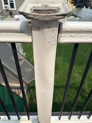 Replacing A Burned Deck Post - This customer had placed their grill to close to the deck post, resulting in the sleeve and cap being burned. We had removed the railing, replaced the sleeve and cap and reinstalled the existing railing. Replacing A Burned Deck Post - This customer had placed their grill to close to the deck post, resulting in the sleeve and cap being burned. We had removed the railing, replaced the sleeve and cap and reinstalled the existing railing.