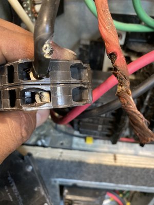 No shore power or charging batteries - Customer called in stating there wasn't anything functioning with his unit. Nothing with his 12v or his 110v. Techs diagnosed the issue and discovered the main red wire in the breaker box wasn't tightened properly in the breaker. That caused overheating issues which eventually caused it to weld together with another hot wire (black one) which automatically started generating 240v overloading the inverters and eventually blowing them out. We ended up replacing the complete main wire and both the inverters leaving the customer entirely satisfied. 😀 2019 Foretravel Realm Presidential No shore power or charging batteries - Customer called in stating there wasn't anything functioning with his unit. Nothing with his 12v or his 110v. Techs diagnosed the issue and discovered the main red wire in the breaker box wasn't tightened properly in the breaker. That caused overheating issues which eventually caused it to weld together with another hot wire (black one) which automatically started generating 240v overloading the inverters and eventually blowing them out. We ended up replacing the complete main wire and both the inverters leaving the customer entirely satisfied. 😀 2019 Foretravel Realm Presidential