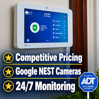 Competitive Pricing, FREE Exterior Camera - COMPETITIVE pricing, AWARD Winning GOOGLE NEST Security Cameras, 24/7 Monitoring, 6 US Based Monitoring Centers.