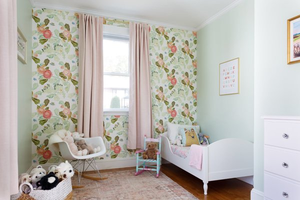 Child's Bedroom Design - What little girl wouldn't love this whimsical yet sophisticated room? Mint green walls are fun and bright and give the pink accents a pop. The watercolor floral wallpaper adds depth and pattern to the room and the capiz chandelier adds a hint of sparkle. Child's Bedroom Design - What little girl wouldn't love this whimsical yet sophisticated room? Mint green walls are fun and bright and give the pink accents a pop. The watercolor floral wallpaper adds depth and pattern to the room and the capiz chandelier adds a hint of sparkle.