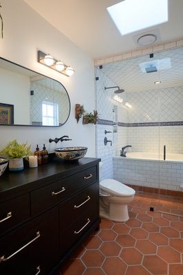 Bathroom Remodel - We absolutely loved remodeling this bathroom to match the flow of the rest of the house! The customer had a very modern, eclectic style throughout each room, and the bathroom was the perfect finishing touch! The tiling design and vanities complete the look for such a beautiful steam shower! Thank you Edison Team for such a job well done! Bathroom Remodel - We absolutely loved remodeling this bathroom to match the flow of the rest of the house! The customer had a very modern, eclectic style throughout each room, and the bathroom was the perfect finishing touch! The tiling design and vanities complete the look for such a beautiful steam shower! Thank you Edison Team for such a job well done!