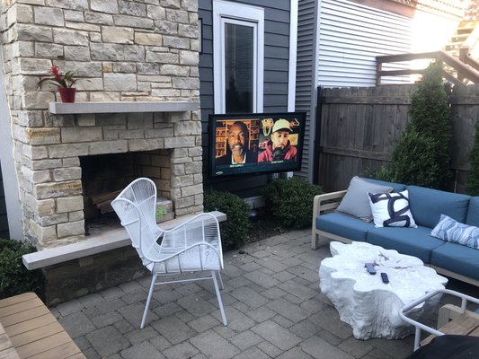 Outdoor TV and music - We installed a Sunbreak 55 inch full sun pro series TV and a discreetly placed 2.1 speaker system. Audio is powered by a Sonos amp allowing our clients to listen to the TV audio or play music. Outdoor TV and music - We installed a Sunbreak 55 inch full sun pro series TV and a discreetly placed 2.1 speaker system. Audio is powered by a Sonos amp allowing our clients to listen to the TV audio or play music.