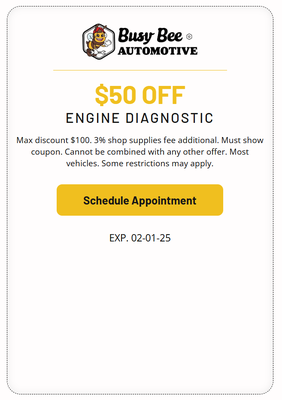 $50 OFF DIAGNOSTIC ENGINE EVALUATION - Why Choose Our Diagnostic Service?

🔧 State-of-the-Art Technology: We use the latest, industry-leading diagnostic tools to get an accurate, in-depth look at your vehicle's health.

🔍 Early Detection of Hidden Issues: From engine trouble to electrical problems, our diagnostic system can pinpoint issues often missed by the naked eye, saving you time, money, and frustration.

💡 Peace of Mind: With a clear and comprehensive report, you’ll know exactly what’s going on under the hood, so you can make informed decisions about your vehicle's maintenance.

🛠 Expert Technicians: Our highly skilled technicians have years of experience, and are dedicated to providing you with honest, professional service.

💸 Save on Repairs: Catching issues early means you can fix them before they turn into expensive repairs. We’ll even advise you on the most cost-effective solutions!

🌍 Environmentally Friendly: Timely maintenance not only saves you money but helps your vehicle run more efficiently, contributing to a cleaner, greener planet.

Don't Wait – Drive with Confidence!

Whether it’s a strange sound, a warning light, or simply routine maintenance, our Automotive Diagnostic Evaluation provides a clear picture of your vehicle’s condition. Drive with peace of mind knowing your car is running at its best.

Schedule your Diagnostic Evaluation today, and keep your vehicle running smoothly for miles to come!

📞 Call now or visit us online to book your appointment! Your car will thank you! 🚗💨