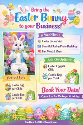 Easter Bunny for business - Hi! 🐰✨ Parties & Gifts Boutique here! We’re now booking Easter Bunny visits for businesses and events — we offer visits per hour with a cute spring photo setup so kids can take pictures with the Bunny.
Add-on options:
• Easter eggs filled with candy or a small toy: $0.50 each
• Customized goodie bags (with your company logo) or a card inside with your business information
📲 Text 925-434-8966 for more information, packages, and availability! Easter Bunny for business - Hi! 🐰✨ Parties & Gifts Boutique here! We’re now booking Easter Bunny visits for businesses and events — we offer visits per hour with a cute spring photo setup so kids can take pictures with the Bunny.
Add-on options:
• Easter eggs filled with candy or a small toy: $0.50 each
• Customized goodie bags (with your company logo) or a card inside with your business information
📲 Text 925-434-8966 for more information, packages, and availability!