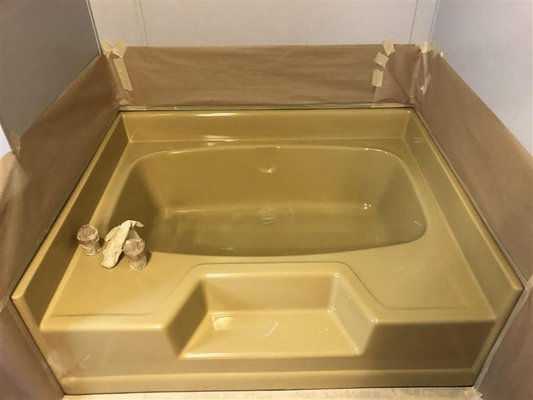 Tub Reglazing - Client no longer wanted green colored tub. Old color was stripped and replaced with a natural color. Take less than a day. Tub Reglazing - Client no longer wanted green colored tub. Old color was stripped and replaced with a natural color. Take less than a day.