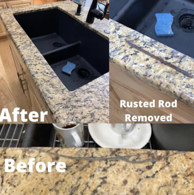 Oxidized Steel Rod Crack Repair - This common crack is formed due to excess moisture penetrating around the sink causing the reinforcement rod to oxidize, rust, and expand over time. It was repaired by carefully breaking the stone apart, cutting the steel rod, cleaning & gluing the stone back together using quality adhesive. Then, finally, polished & sealed. 

Arizona Granite offers a wide range of services including but not limited to chip, crack, scratch & stain repairs, resurfacing, cleaning, sealing, on-site fabrication & polishing.
