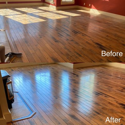 Screen & Recoat - If your hardwoods are in good condition with minimal/light surface scratches, then a screen & recoat service might be for you! This is where we buff off the top layer of finish, and apply a new layer. Screen & Recoat - If your hardwoods are in good condition with minimal/light surface scratches, then a screen & recoat service might be for you! This is where we buff off the top layer of finish, and apply a new layer.