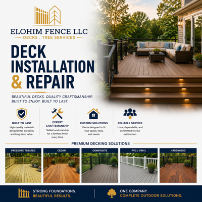 Best Deck Installation & Repair in Tulsa - Elohim Fence LLC is Tulsa’s trusted choice for deck installation, deck replacement, and deck repair. Serving Tulsa and nearby areas, we specialize in custom decks built with premium materials—pressure-treated, cedar, composite, PVC/vinyl, and hardwood. Our experienced team delivers outstanding craftsmanship for beautiful, durable results that enhance your home’s outdoor living space. Whether you want a new deck, need to refurbish an old one, or require expert repairs, we create solutions tailored to your style and needs. Enjoy reliable, local service and a flawless finish on every project. Contact us today for a free estimate and discover why we’re the top deck builders in Tulsa, Oklahoma! Best Deck Installation & Repair in Tulsa - Elohim Fence LLC is Tulsa’s trusted choice for deck installation, deck replacement, and deck repair. Serving Tulsa and nearby areas, we specialize in custom decks built with premium materials—pressure-treated, cedar, composite, PVC/vinyl, and hardwood. Our experienced team delivers outstanding craftsmanship for beautiful, durable results that enhance your home’s outdoor living space. Whether you want a new deck, need to refurbish an old one, or require expert repairs, we create solutions tailored to your style and needs. Enjoy reliable, local service and a flawless finish on every project. Contact us today for a free estimate and discover why we’re the top deck builders in Tulsa, Oklahoma!