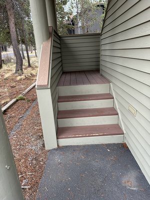 Stair and Landing Rebuild - A homeowner in Sunriver needed his entryway landing and stairs rebuilt and stained.  I removed the old material, reinforced the existing staircase structure, then replaced the stair treads and landing before finally giving it an approved color deck stain.