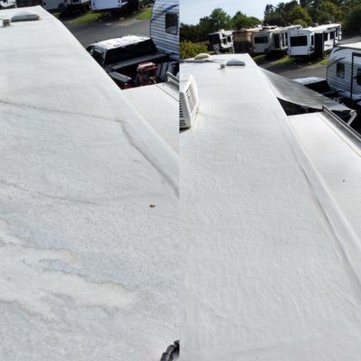Trailer cleaning - Mold and mildew growth removal on roof and sides. Treated with chlorine and light pressure wash.