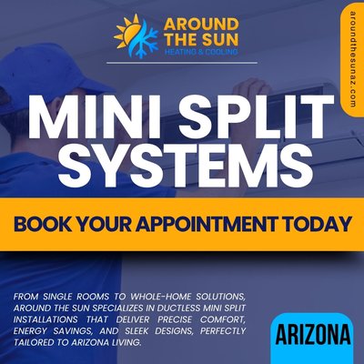 Mini Split Systems - Ductless Mini Split AC systems offer an energy-efficient and highly flexible solution for heating and cooling homes throughout Gilbert, Mesa, and the surrounding areas. Perfect for spaces where traditional ductwork is impractical—such as room additions, garages, converted bedrooms, or older properties—mini splits provide custom, room-by-room temperature control.

At Around The Sun Heating & Cooling, we are the Southeast Phoenix experts in mini split installation, repair, and maintenance. We partner with industry leaders like Trane, Daikin, and Goodman to install high-performance, energy-saving systems tailored to the specific layout and demands of your property.

Whether you need a single-zone unit for a casita or a multi-zone system for whole-home comfort, our Trane Certified Comfort Specialists provide a clean, professional installation backed by strong warranties and flexible financing. Maximize your comfort and efficiency with a ductless system built to handle the intense Arizona weather.