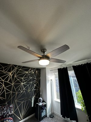 Fan Installation - Installing and wiring a bedroom fan. ElectOn and the team installed a heavy duty fan rated box in the bedroom using attic access and installed the peddle fan. Fan Installation - Installing and wiring a bedroom fan. ElectOn and the team installed a heavy duty fan rated box in the bedroom using attic access and installed the peddle fan.