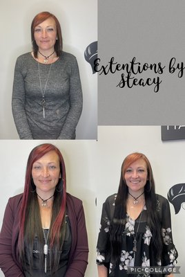Hair extensions - Hair extensions by Steacy! You can have length added or just for extra volume and then there is also fashion coloured extensions to Accent your hair! Give us a call for a free consultation for more information on this service! Hair extensions - Hair extensions by Steacy! You can have length added or just for extra volume and then there is also fashion coloured extensions to Accent your hair! Give us a call for a free consultation for more information on this service!