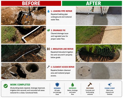 Before and After pictures - All plumbing leaks repaired, drainage improved, irrigation line secured, and concrete/soil areas restored for a clean, functional finish. Before and After pictures - All plumbing leaks repaired, drainage improved, irrigation line secured, and concrete/soil areas restored for a clean, functional finish.