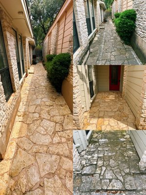 Mold/Algae removal on flagstone - This was a severe mold and algae removal request we had from a customer that wanted to freshen up their homes entrance. We identified flagstone and white stone that would require a gentle washing method to ensure no damage was caused. The project turned out great and the customer was extremely satisfied with the results. Mold/Algae removal on flagstone - This was a severe mold and algae removal request we had from a customer that wanted to freshen up their homes entrance. We identified flagstone and white stone that would require a gentle washing method to ensure no damage was caused. The project turned out great and the customer was extremely satisfied with the results.