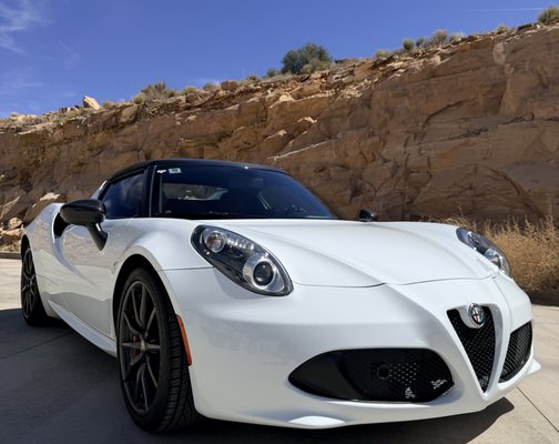 Alfa Romeo 4C Frontal PPF - This beautiful little car has been protected with our premium 10 year warranty film.  It is a 2015 launch model which had been previously protected with a film which started to yellow and was poorly fitted.  We removed that film and applied a much more technically advanced film to protect it moving forward. It is now back to looking its best and preserving its future value.