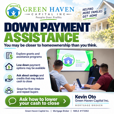 Down Payment Assistance - Saving for a down payment is one of the biggest obstacles many homebuyers face. Green Haven Capital helps buyers explore down payment and closing cost assistance programs that may reduce the amount of cash needed to purchase a home.

We review available programs, eligibility requirements, income limits, credit guidelines, property requirements, and monthly payment impact so buyers can understand which options may fit their situation.

Assistance programs can vary by location, income, property type, and funding availability, so we help buyers compare the options before they begin shopping.

Contact us to find out what down payment assistance programs may be available to you.
