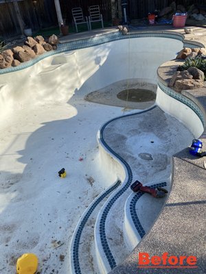 Pool Replaster - This pool was in need of new plaster. Replastering was done due to deterioration and leaking water. Customer also wanted an updated look for their pool. Hydroblast was done in order to prep the pool for new coating. Customers choice of design tiles of turtles and fish were added. Pool project was completed with QuartzScapes finish with Barbados Blue color. Pool Replaster - This pool was in need of new plaster. Replastering was done due to deterioration and leaking water. Customer also wanted an updated look for their pool. Hydroblast was done in order to prep the pool for new coating. Customers choice of design tiles of turtles and fish were added. Pool project was completed with QuartzScapes finish with Barbados Blue color.