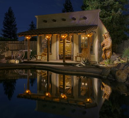 Old West - This client wanted an old west, 1850’s theme lighting to go with the overall feel of the landscape and architecture. We custom built several types of fixture as well as hid standard landscape light sources to create a space that feels authentic to the time! Old West - This client wanted an old west, 1850’s theme lighting to go with the overall feel of the landscape and architecture. We custom built several types of fixture as well as hid standard landscape light sources to create a space that feels authentic to the time!