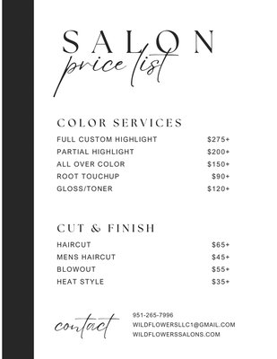 Services & Pricing - The prices listed are starting prices and may vary depending on your desired result, hair length, density, texture, and the amount of time and product required to achieve your goals. A personalized consultation will help determine the final service plan and pricing.
To ensure the best possible results, we highly recommend arriving with clean, dry hair. Excessive product buildup, oil, or damp hair may require additional preparation time and could result in additional fees.
If you have any questions about which service is right for you, please don’t hesitate to reach out. We look forward to helping you achieve your hair goals! Services & Pricing - The prices listed are starting prices and may vary depending on your desired result, hair length, density, texture, and the amount of time and product required to achieve your goals. A personalized consultation will help determine the final service plan and pricing.
To ensure the best possible results, we highly recommend arriving with clean, dry hair. Excessive product buildup, oil, or damp hair may require additional preparation time and could result in additional fees.
If you have any questions about which service is right for you, please don’t hesitate to reach out. We look forward to helping you achieve your hair goals!
