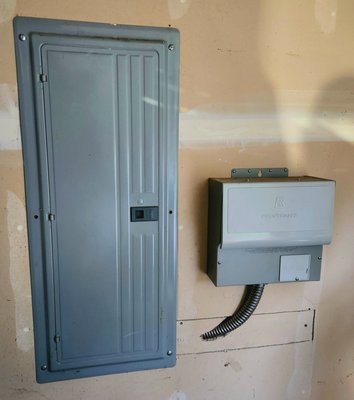 Manual Transfer Switch - This Manual Transfer Switch was installed for a homeowner that is able to quickly and easily wheel his generator outside, plug in to the inlet power plug and distribute power to pre-determined circuitry.
This MTS will power 10 circuits, and up to 2-240V circuits. This will energize most of the home under a power outage, leaving the homeowner enjoying the normal functions of the home without normal power. Manual Transfer Switch - This Manual Transfer Switch was installed for a homeowner that is able to quickly and easily wheel his generator outside, plug in to the inlet power plug and distribute power to pre-determined circuitry.
This MTS will power 10 circuits, and up to 2-240V circuits. This will energize most of the home under a power outage, leaving the homeowner enjoying the normal functions of the home without normal power.