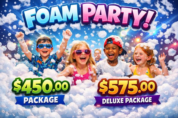 Foam Party Experience - Ultimate Foam Party Experience

Get ready to dance, splash, and play in a sea of bubbles with our Epic Foam Party! Perfect for kids, teens, and even adults, our foam parties turn any space into a high-energy, unforgettable celebration. Our events include:
	•	Giant foam cannons to create endless fun
	•	Safe, non-toxic foam suitable for all ages
	•	Music, lights, and dance vibes for the ultimate party atmosphere
	•	Optional gaming add-ons like VR, GellyBall, or Nerf battles for a hybrid party experienc