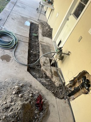 Kitchen Reroute - Responded to a call to run a snake, after it wouldn’t pass we decided on using the jetter. Again the Jetter did not make it through so a repair became evident. With a main sewer line in the patio already we were able to reroute the drain line to there.