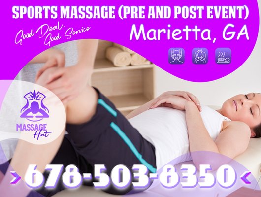 Sports Massage (Pre and Post Event) Marietta, GA - Utilizes specific strokes and stretches to help obtain maximum performance and physical conditioning with less chance of injury or pain. It helps to obtain maximum conditioning by increasing power, endurance and flexibility both before and after an event or work out.Call for Make an appointment Sports Massage (Pre and Post Event) in Marietta, GA Sports Massage (Pre and Post Event) Marietta, GA - Utilizes specific strokes and stretches to help obtain maximum performance and physical conditioning with less chance of injury or pain. It helps to obtain maximum conditioning by increasing power, endurance and flexibility both before and after an event or work out.Call for Make an appointment Sports Massage (Pre and Post Event) in Marietta, GA