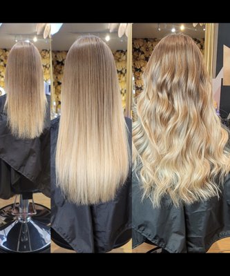 Hair Extension Transformation - This client consulted with our hair extension specialist, Michelle Jordan at the MOD shop.  She was desiring more length and fullness to her baby fine textured hair.  We were able to match her color with precision and were able to create a color melt that achieved the length and fullness she was requesting while giving her that bright blonde on her ends.  She is one happy client and we would love to schedule a complimentary consultation for you with our specialist at the MOD shop to help you achieve your hair dreams!