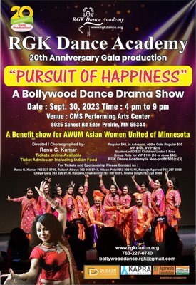 Pursuit of Happiness 2023 - RGK Dance Academy’s troupe 2023!!
Get ready for a mesmerizing evening of dance, artistry, and celebration as RGK Dance Academy proudly presents its 20th Anniversary Gala Production in Minnesota. 🩰🌟