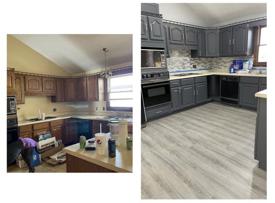 Kitchen Remodel - This kitchen remodel features stunning refinished cabinets that enhance the overall aesthetic. A beautiful tile backsplash, expertly hung and grouted, adds a modern touch and a splash of color. The new flooring ties the space together, providing warmth and elegance. The result is a beautiful, functional kitchen that perfectly blends style and practicality! Every detail reflects our careful color choices and design vision, resulting in a stunning, functional kitchen that perfectly blends style and practicality! Kitchen Remodel - This kitchen remodel features stunning refinished cabinets that enhance the overall aesthetic. A beautiful tile backsplash, expertly hung and grouted, adds a modern touch and a splash of color. The new flooring ties the space together, providing warmth and elegance. The result is a beautiful, functional kitchen that perfectly blends style and practicality! Every detail reflects our careful color choices and design vision, resulting in a stunning, functional kitchen that perfectly blends style and practicality!