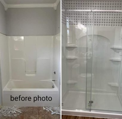 Tub replacement with stand up walk in shower - Customer is making their 2nd home into a bed and breakfast and wanted to replace their bath tub with a stand up walk in shower. They absolutely loved the finished project and decided to do the same thing in the 2nd bathroom in the house.