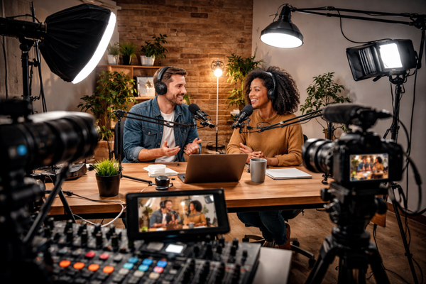 VIDEO Podcast Session - Record your podcast anywhere with a professional studio-quality. Our mobile kit can be setup on location anywhere and includes lights, video, audio, and crew. Whether you're launching a new show or recording an episode with guests, our setup ensures your conversation looks and sounds its best. Focus on the story you want to tell while we handle all the technical details.