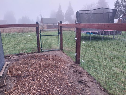 Southbay Farm Enclosure - This Olympia customer needed a fence that the animals could not dig under so we buried this beautiful woven wire fence in the ground 1 foot. Then protected her investment with an electric fence wire add on.
