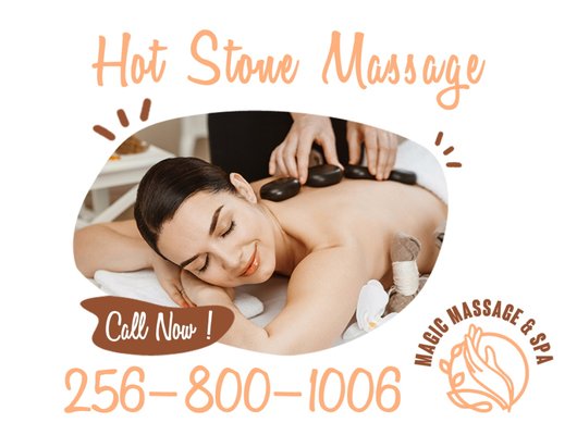 Hot Stone Massage - Hot stone massage is a type of massage therapy that involves the use of smooth, heated stones. The localized heat and weight of the stones warm and relax muscles, allowing the massage therapist to apply deeper pressure to those areas without causing discomfort.
Call for Make an appointment Hot Stone Massage in Athens, AL