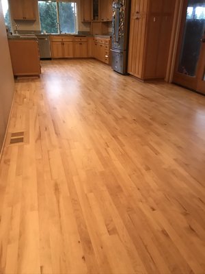 Maple flooring water damaged - Refrigerator leak. Revived water damaged area. Used industrial dehumidifier to dry subfloor. Installed new maple to match and sanded and finished entire floor. Maple flooring water damaged - Refrigerator leak. Revived water damaged area. Used industrial dehumidifier to dry subfloor. Installed new maple to match and sanded and finished entire floor.