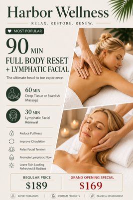90-Min Full Body Reset + Lymphatic Facial - 90-Min Full Body Reset + Lymphatic Facial includes a 60-minute Swedish or Deep Tissue Massage plus a 30-minute Lymphatic Facial Renewal. Designed to help reduce puffiness, improve circulation, relax facial tension, and support lymphatic flow. Hot stones and cupping may be included at no extra charge.