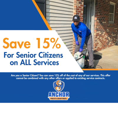 Senior Citizen Discount – Save 15% on ALL Services! - Are you a Senior Citizen? You can save 15% off of the cost of any of our services. This offer cannot be combined with any other offers or applied to existing service contracts.