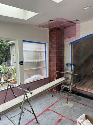 Interior plastering - Interior plastering: installed 3/8s drywall over existing framing; applied resonating bonding agent over 3/8s drywall and brick; applied scratch brown coat to existing texture; smooth Interior plastering - Interior plastering: installed 3/8s drywall over existing framing; applied resonating bonding agent over 3/8s drywall and brick; applied scratch brown coat to existing texture; smooth